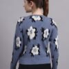 Spread Collar Flower Matrix Design With Premium Acrylic Wool Women Grey Top & Sweater