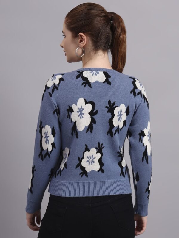 Spread Collar Flower Matrix Design With Premium Acrylic Wool Women Grey Top & Sweater