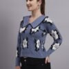 Spread Collar Flower Matrix Design With Premium Acrylic Wool Women Grey Top & Sweater
