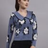 Spread Collar Flower Matrix Design With Premium Acrylic Wool Women Grey Top & Sweater