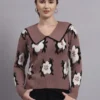 Women’s mauve spread collar flower matrix design premium acrylic wool knitted sweater top