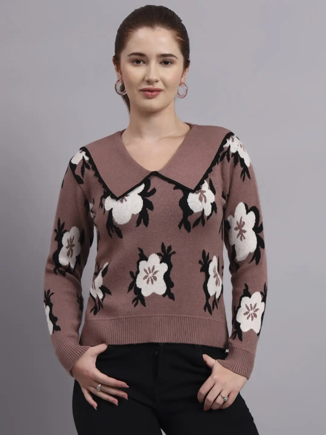 Women’s mauve spread collar flower matrix design premium acrylic wool knitted sweater top