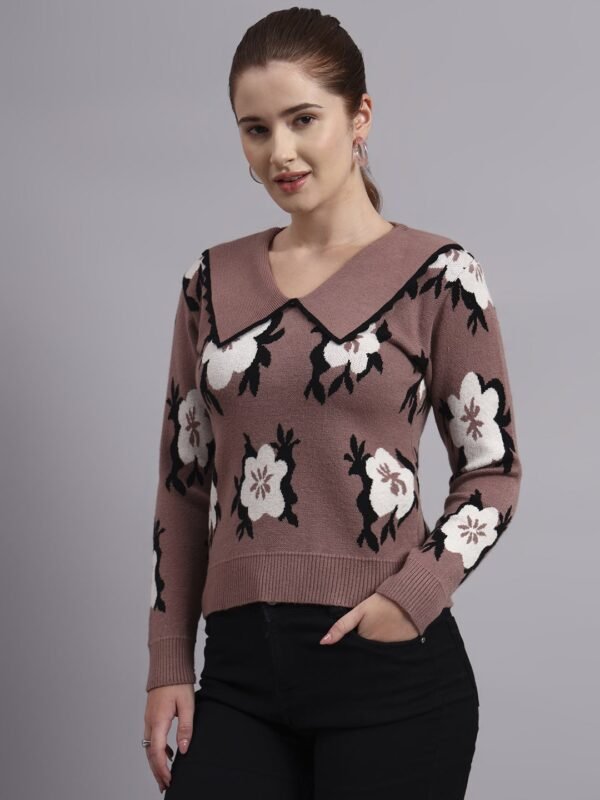 Spread Collar Flower Matrix Design | Premium Acrylic Wool Women Mauve Top Sweater