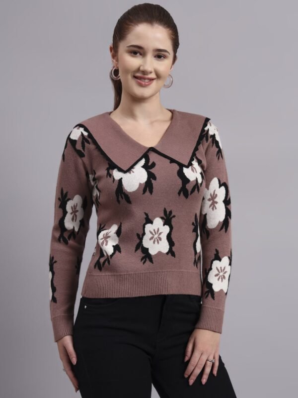 Spread Collar Flower Matrix Design | Premium Acrylic Wool Women Mauve Top Sweater
