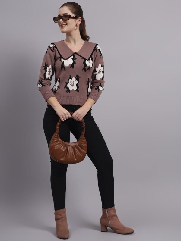 Women’s mauve spread collar flower matrix design premium acrylic wool knitted sweater top