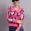 Women’s pink spread collar flower matrix design premium acrylic wool knitted sweater top Women’s pink spread collar flower matrix design premium acrylic wool knitted sweater top