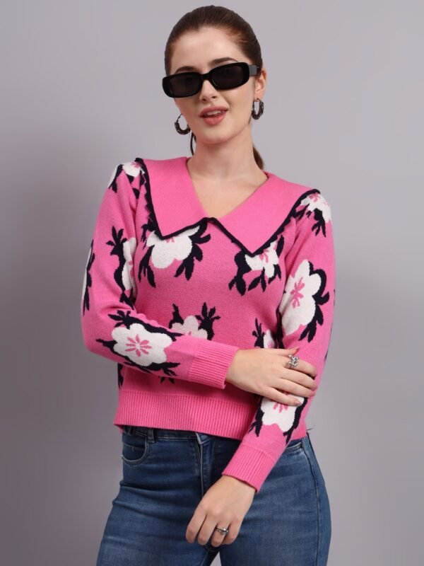 Women’s pink spread collar flower matrix design premium acrylic wool knitted sweater top Women’s pink spread collar flower matrix design premium acrylic wool knitted sweater top