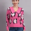 Women’s pink spread collar flower matrix design premium acrylic wool knitted sweater top Women’s pink spread collar flower matrix design premium acrylic wool knitted sweater top