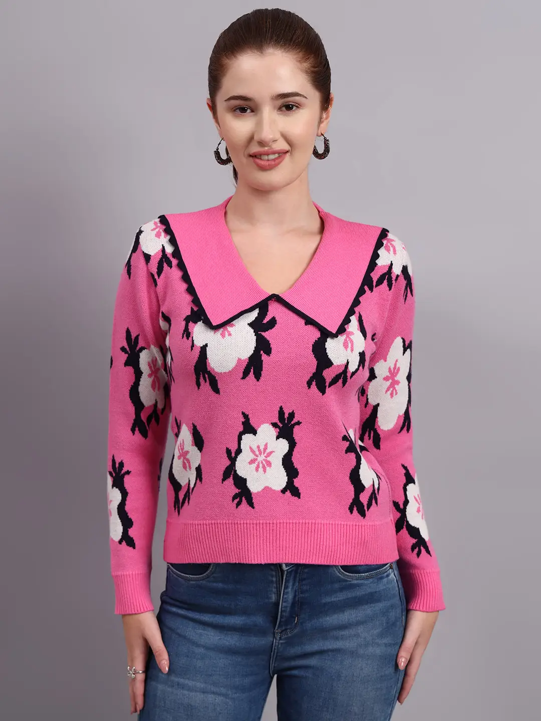 Women’s pink spread collar flower matrix design premium acrylic wool knitted sweater top