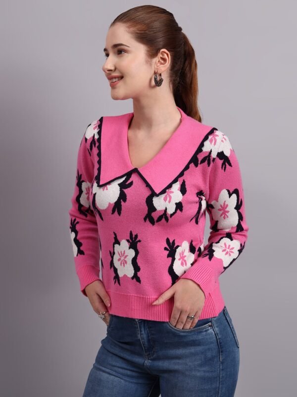 S14_PINK_01_4-min Spread Collar Flower Matrix Design | Premium Acrylic Wool Women Pink Knitted Top Sweater