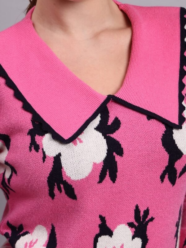 S14_PINK_01_6-min Spread Collar Flower Matrix Design | Premium Acrylic Wool Women Pink Knitted Top Sweater