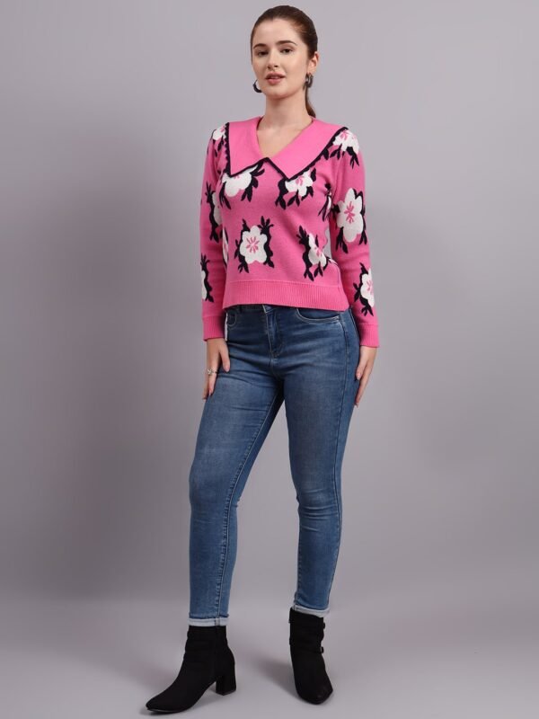 S14_PINK_01_7-min Spread Collar Flower Matrix Design | Premium Acrylic Wool Women Pink Knitted Top Sweater