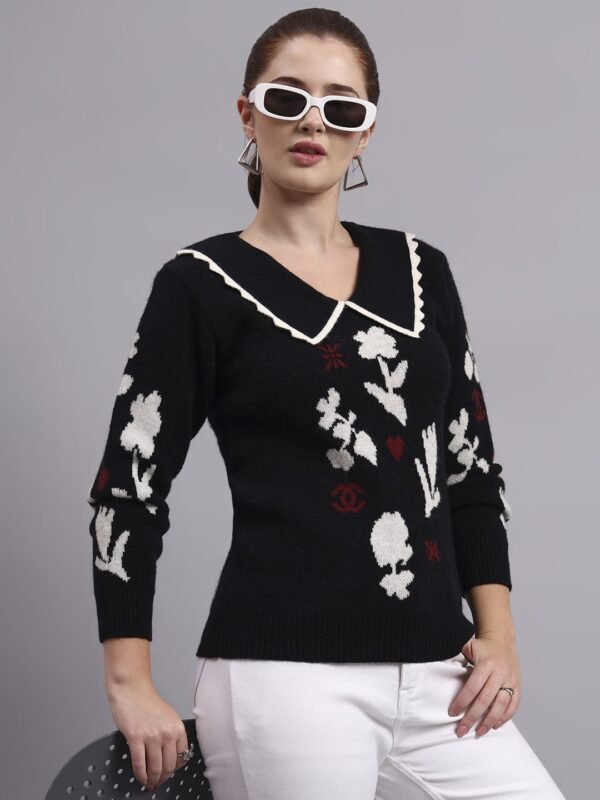Spread Collar Abstract Flower Matrix Design | Premium Acrylic Wool Black Knitted Top Sweater