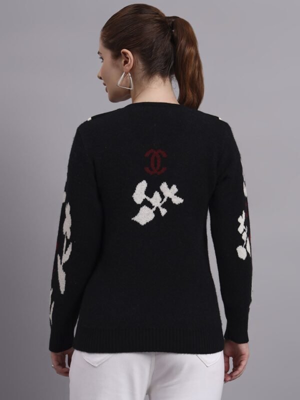 Spread Collar Abstract Flower Matrix Design | Premium Acrylic Wool Black Knitted Top Sweater
