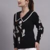 Spread Collar Abstract Flower Matrix Design | Premium Acrylic Wool Black Knitted Top Sweater