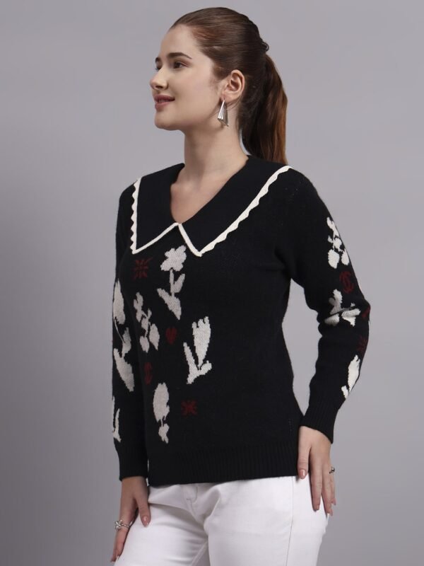 Spread Collar Abstract Flower Matrix Design | Premium Acrylic Wool Black Knitted Top Sweater