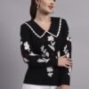 Spread Collar Abstract Flower Matrix Design | Premium Acrylic Wool Black Knitted Top Sweater