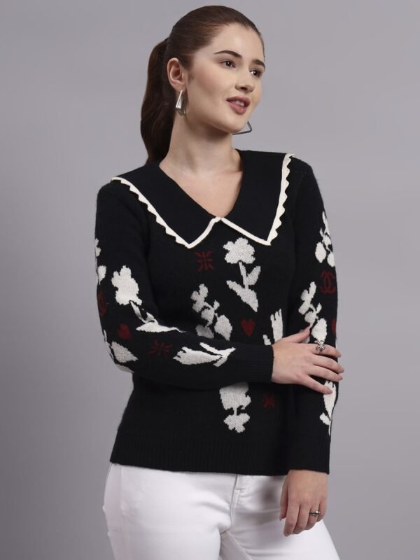 Spread Collar Abstract Flower Matrix Design | Premium Acrylic Wool Black Knitted Top Sweater