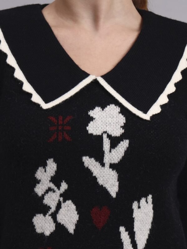 Spread Collar Abstract Flower Matrix Design | Premium Acrylic Wool Black Knitted Top Sweater
