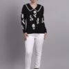 Women’s black spread scallop collar abstract flower matrix premium acrylic wool knitted sweater top