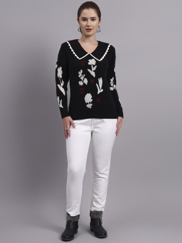 Women’s black spread scallop collar abstract flower matrix premium acrylic wool knitted sweater top