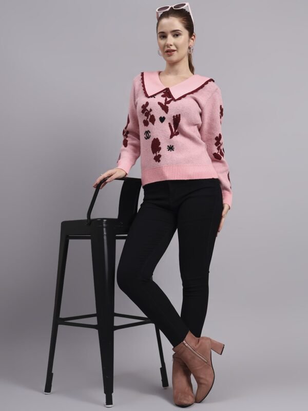 Women’s peach pink spread scallop collar abstract flower matrix premium acrylic wool knitted sweater top