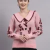 Women’s peach pink spread scallop collar abstract flower matrix premium acrylic wool knitted sweater top