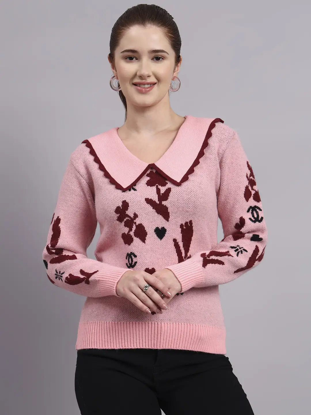 Women’s peach pink spread scallop collar abstract flower matrix premium acrylic wool knitted sweater top
