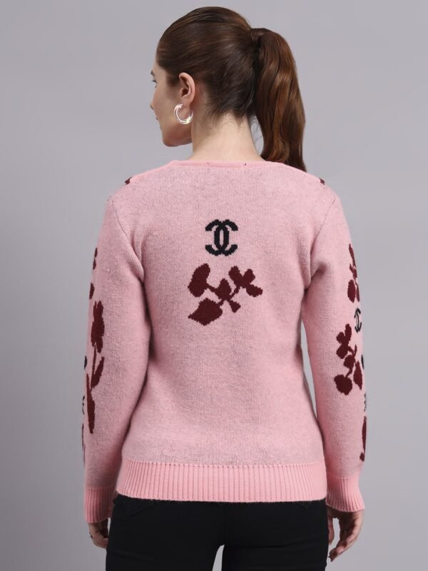 Spread Collar Abstract Flower Matrix Design | Premium Acrylic Wool Peach Pink Knitted Top Sweater