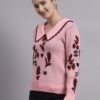 Spread Collar Abstract Flower Matrix Design | Premium Acrylic Wool Peach Pink Knitted Top Sweater