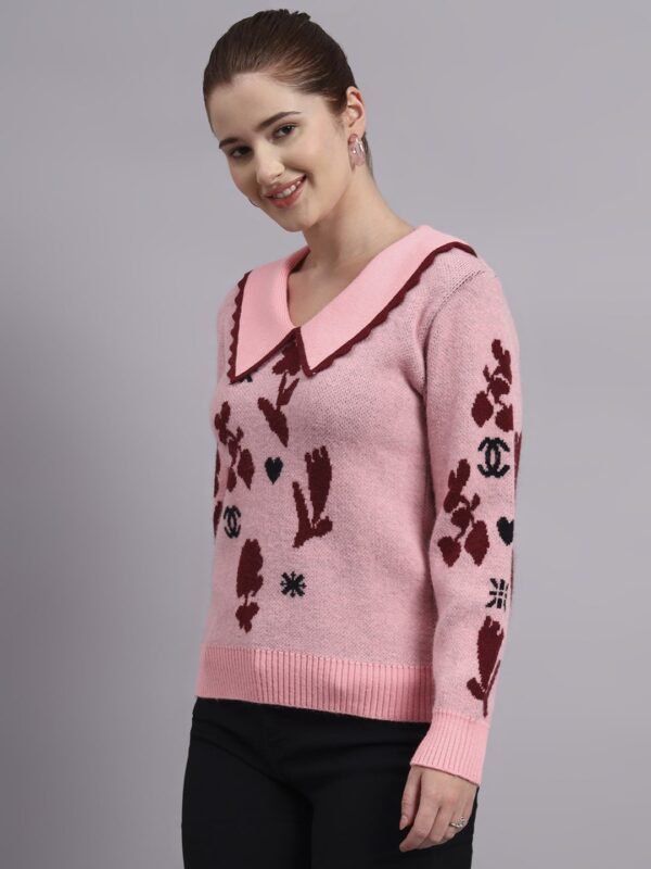 Spread Collar Abstract Flower Matrix Design | Premium Acrylic Wool Peach Pink Knitted Top Sweater