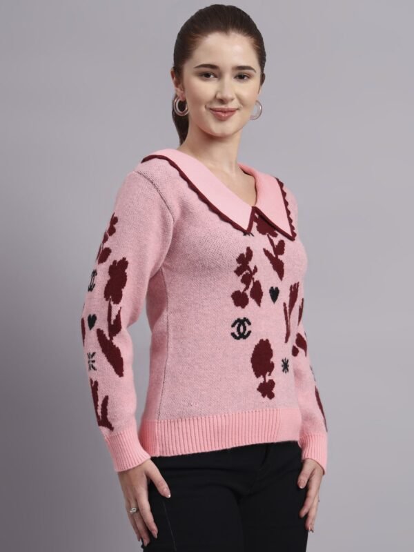 Spread Collar Abstract Flower Matrix Design | Premium Acrylic Wool Peach Pink Knitted Top Sweater