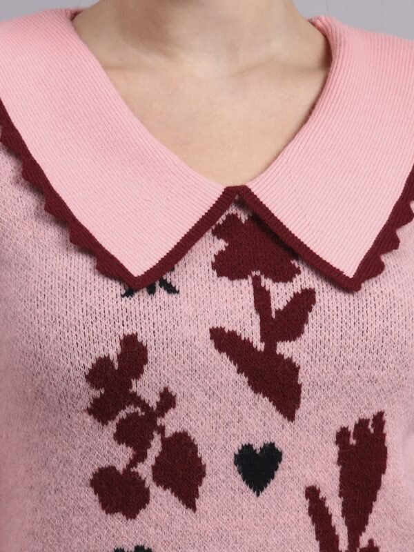 Spread Collar Abstract Flower Matrix Design | Premium Acrylic Wool Peach Pink Knitted Top Sweater