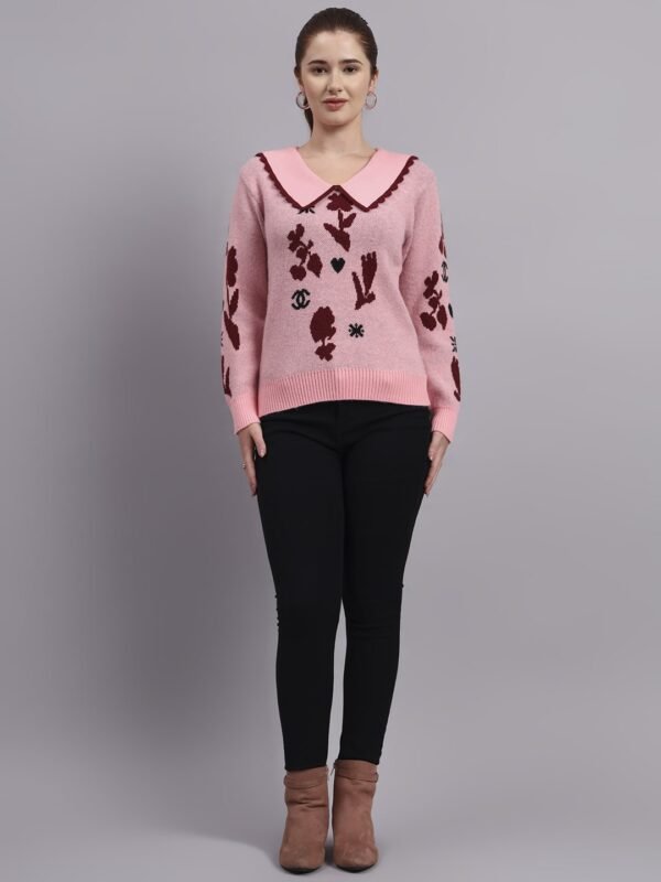 Spread Collar Abstract Flower Matrix Design | Premium Acrylic Wool Peach Pink Knitted Top Sweater