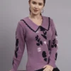 Women’s purple spread scallop collar abstract flower matrix premium acrylic wool knitted sweater top