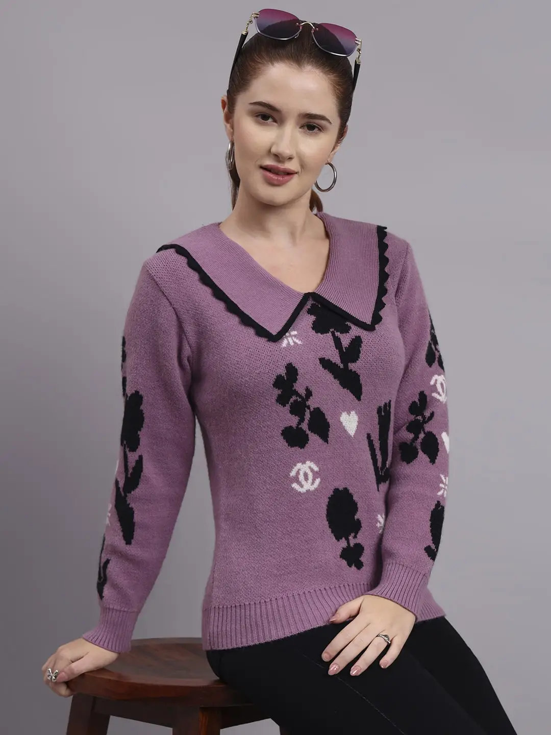 Women’s purple spread scallop collar abstract flower matrix premium acrylic wool knitted sweater top