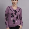 Spread Collar Premium Acrylic Wool Women Purple Knitted Top Sweater