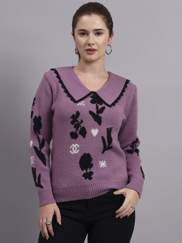 Spread Collar Premium Acrylic Wool Women Purple Knitted Top Sweater