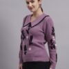 Spread Collar Premium Acrylic Wool Women Purple Knitted Top Sweater
