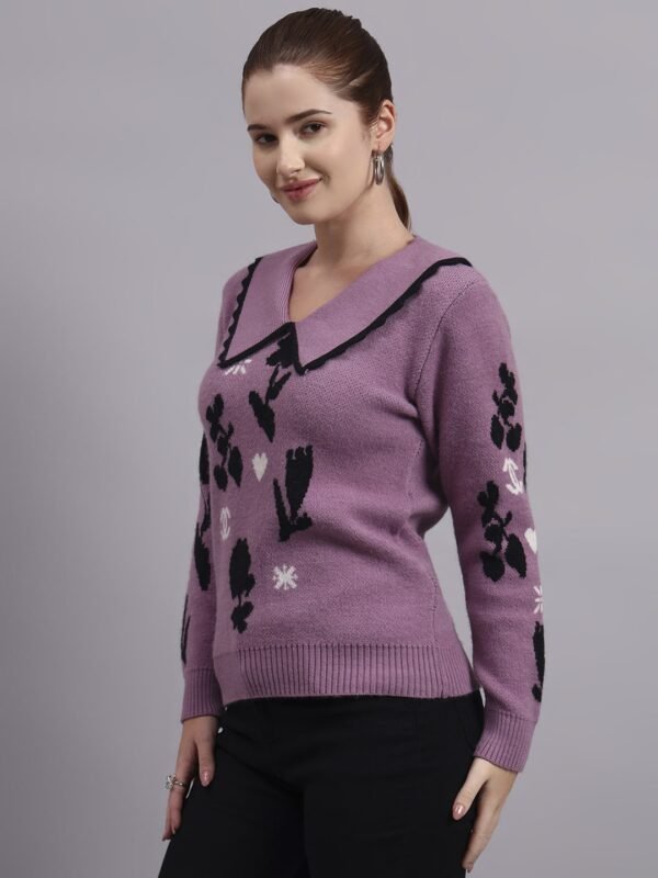 Spread Collar Premium Acrylic Wool Women Purple Knitted Top Sweater