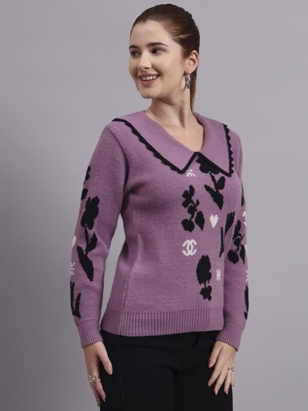 Spread Collar Premium Acrylic Wool Women Purple Knitted Top Sweater