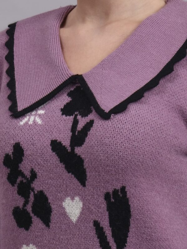 Spread Collar Premium Acrylic Wool Women Purple Knitted Top Sweater
