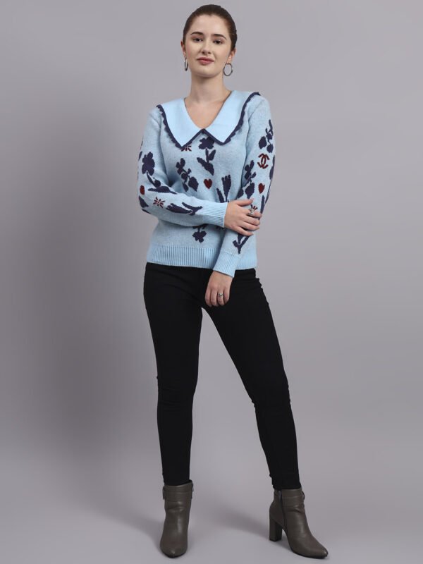 Spread Collar Premium Acrylic Wool Women Sky Blue Knitted Top & Sweater