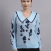 Spread Collar Premium Acrylic Wool Women Sky Blue Knitted Top & Sweater