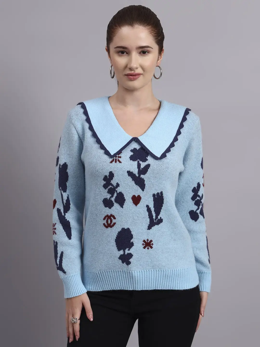 Spread Collar Premium Acrylic Wool Women Sky Blue Knitted Top & Sweater