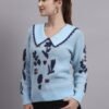 Spread Collar Premium Acrylic Wool Women Sky Blue Knitted Top & Sweater