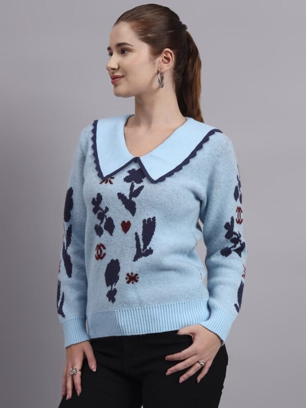 Spread Collar Premium Acrylic Wool Women Sky Blue Knitted Top & Sweater