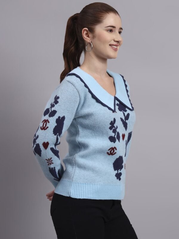 Spread Collar Premium Acrylic Wool Women Sky Blue Knitted Top & Sweater
