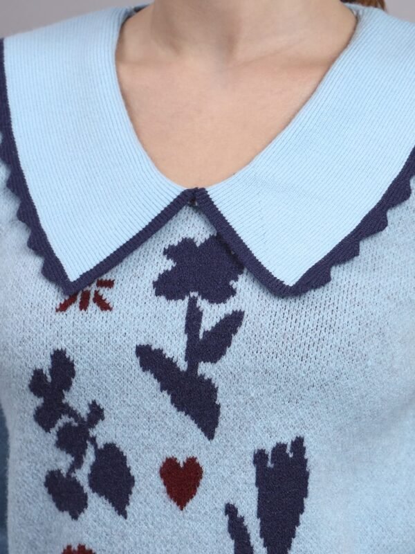 Spread Collar Premium Acrylic Wool Women Sky Blue Knitted Top & Sweater