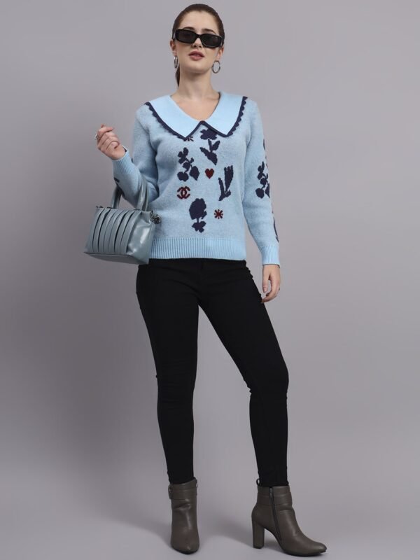 Spread Collar Premium Acrylic Wool Women Sky Blue Knitted Top & Sweater